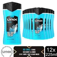 Lynx Ice Chill 12-H Refreshing Fragrance Shower Gel Body Wash for Men, 12x225ml - Regular Regular
