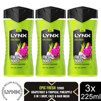 Lynx Epic Fresh Shower Gel Grapefruit & Tropical Pineapple Scent 225ml, 3 Pack