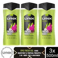 Lynx Epic Fresh Shower Gel Grapefruit & Tropical Pineapple Scent 500ml, 3 Pack