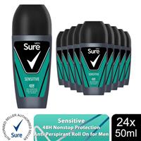 Sure Men Sensitive Antiperspirant Roll On 48H Sweat & Odour Protection, 24x50ml