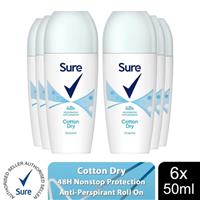 Sure Women Roll On Cotton Dry AntiPerspirant Deodorant 48Hrs Protection, 6x50ml