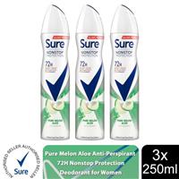 Sure Women Anti-perspirant 72H Nonstop Protection Pure Melon Aloe Deo, 3x250ml