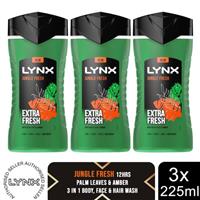 Lynx 3in1 Body, Face & Hair Wash Shower Gel Extra Fresh Jungle Fresh 225ml, 3pk