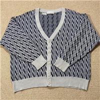 VINTAGE Cable Knit Cardigan Mens Large SHORT Blue Grey Geometric Wool Sweater - L Regular