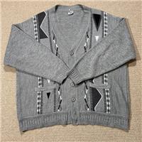VINTAGE Geometric Cardigan Mens Large Grey Vertical Stripe Patterned Sweater - L Regular