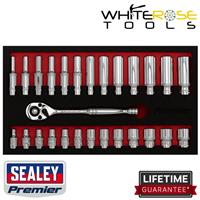 Sealey Ratchet Wrench Socket Set Premier 27pc 1/4"Sq Drive Standard Deep