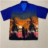 VINTAGE Hawaiian Shirt Mens Large 2000s Poly Palm Tree Sunset Surf Surfer USA - L Regular