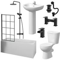 Complete Bathroom Suite Black Bath Shower Screen Basin Pedestal Taps Toilet 1700