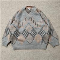 VINTAGE Pattern Jumper Womens Large 80s Oversized Grey Peach Argyle V Neck Wool - L Regular
