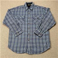 VINTAGE Flannel Shirt Mens Medium Blue Beige Plaid Flap Pockets Acrylic Knit USA - M Regular