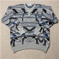 VINTAGE Pattern Jumper Mens Large Grey Abstract Art 90s Patterned Knit Sweater - L Regular