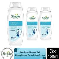Simple Kind to Skin Sensitive Shower Gel Body Wash w/ Hypoallergenic 450ml, 3pk