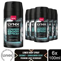 Lynx Lower Body Spray Coconut + Sandalwood 72Hrs of Freshness 100ml, 6 Pack