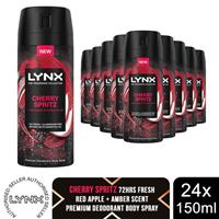 Lynx Men Deodorant Body Spray Cherry Spritz with 72Hrs Freshness 150ml, 24 Pack