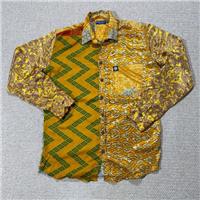 Mexicali Blues Silk Shirt Mens Small Gold Crazy Pattern Geometric Rayon Party - S Regular