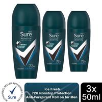 Sure Men Anti-Perspirant Roll On 72H Nonstop Protection Ice Fresh 50ml, 3 Pack