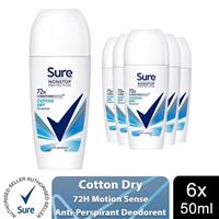 6x Sure Women Motion Sense AP Deodorant Roll-on 72H Nonstop, Cotton Dry, 50ml