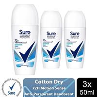 3x Sure Women Motion Sense AP Deodorant Roll-on 72H Nonstop, Cotton Dry, 50ml