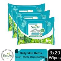 Simple Clear+Matte Daily Skin Detox Biodegradable Wipes for Oily Skin, 3 Pack
