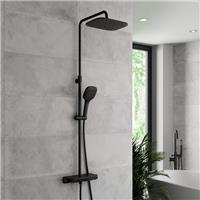Thermostatic Mixer Shower Dual Head Handset Riser Rail Shelf Square Matt Black