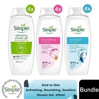 Simple Shower Gel Bundle Refreshing, Nourishing, Sensitive 450ml, 4 Pack Each