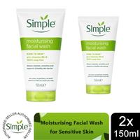 Simple Kind to Skin Moisturising Facial Wash for Sensitive Skin 150ml, 2 Pack