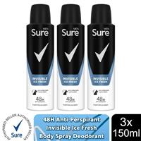 Sure Men Anti Perspirant 48H Protection Invisible Ice Deodorant, 3 Pack, 150ml