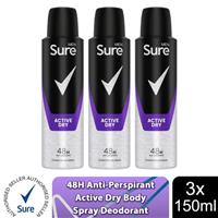 Sure Men Anti Perspirant 48H Protection Active Dry Deodorant, 3 Pack, 150ml