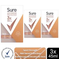 Sure Women Maximum Protection Sport Strength Anti-Perspirant Cream, 3 Pack, 45ml