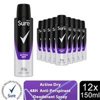 Sure Men Anti Perspirant 48H Protection Active Dry Deodorant, 12 Pack, 150ml