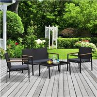 4 Pcs PE Rattan Furniture Set w/ 3 Cushioned Chairs Glass Tabletop Table, Black