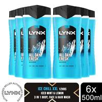 Lynx Ice Chill 12H Refreshing Fragrance Shower Gel Bodywash, 6x 500ml