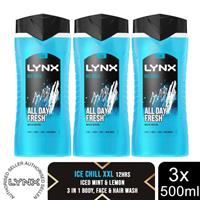 Lynx Ice Chill 12H Refreshing Energy Boost Shower Gel Bodywash, 3x 500ml