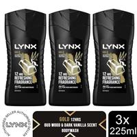 Lynx Gold 12-H Refreshing Fragrance Shower Gel Body Wash for Men, 3x225ml