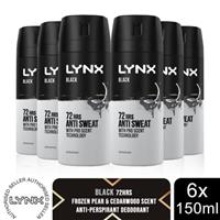Lynx Black 72 HRS Anti Sweat Anti-Perspirant Body Spray for Men, 6x150ml