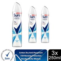 Sure Women Anti-perspirant 72H Nonstop Protection Cotton Dry Deodorant, 3x250ml