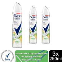 Sure Women Antiperspirant 72H Nonstop Protection Freesia & Water Lily, 3x250ml