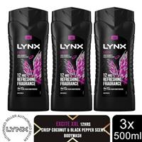 Lynx Excite 12H Refreshing Fragrance Shower Gel Bodywash, 3x 500ml