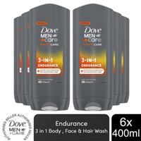 Dove Men+Care Hair, Face & Body Wash, 3 in 1 Endurance, Micro Moisture, 6x400ml