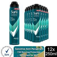 Sure Men Antiperspirant Deodorant Sensitive 72H Nonstop Protection 250ml, 12Pack