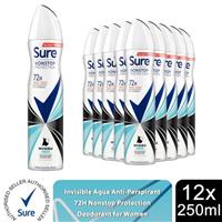 Sure Women Antiperspirant Deodorant Invisible Aqua 72H Protection 250ml, 12Pack