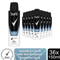 Sure Men 48H Protection Anti-Perspirant Deo Invisible Ice Fresh 150ml, 36 Pack
