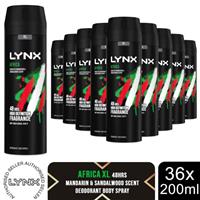 Lynx XL Africa Body Spray 48H Fresh Mandarin & Sandalwood Scent Deo 200ml, 36 Pk