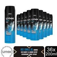 Lynx XL Ice Chill Body Spray Deo 48H Fresh Iced Mint & Lemon Scent 200ml, 36 Pk