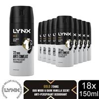 Lynx Anti-perspirant Deodorant Body Spray Gold 72H Anti White Marks 150ml, 18Pk