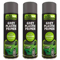 AutoTek Grey Plastic Primer Multi-Purpose Aerosol Spray Paint 500ml x3