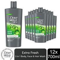 Dove Men+Care 3-in-1 Body, Face & Hair Wash Refreshing Extra Fresh 700ml, 12 Pk