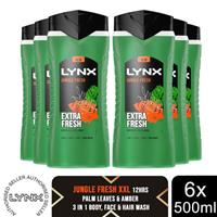 Lynx 3in1 Body, Face & Hair Wash Shower Gel Extra Fresh Jungle Fresh 500ml, 6pk