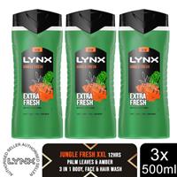 Lynx 3in1 Body, Face & Hair Wash Shower Gel Extra Fresh Jungle Fresh 500ml, 3pk