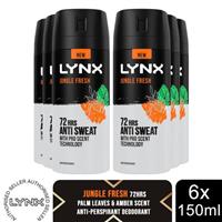 Lynx Jungle Fresh 72 HRS Anti Sweat Anti-Perspirant Body Spray for Men, 6x150ml